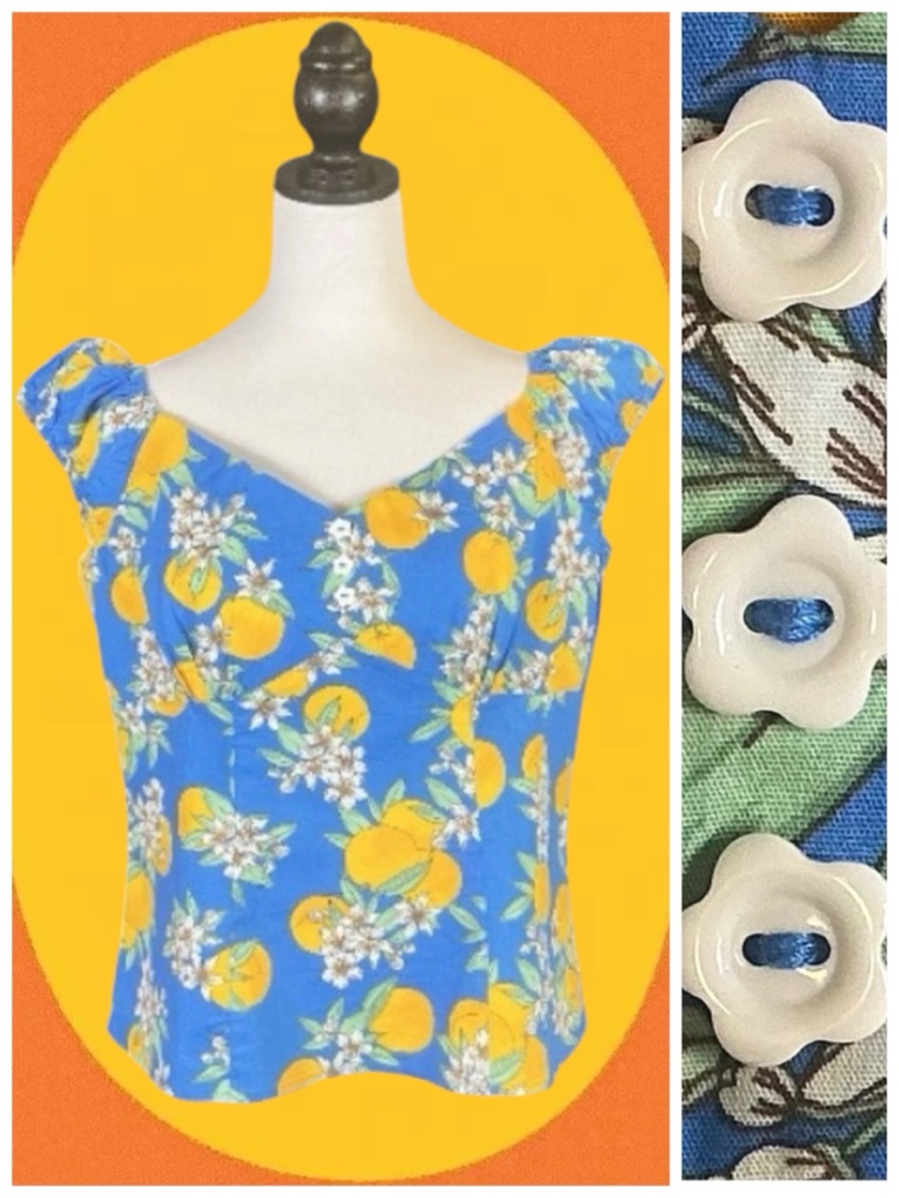 Hell Bunny Retro Pin-Up Blue Valencia Orange Blossom Floral Short Sleeve Top XL